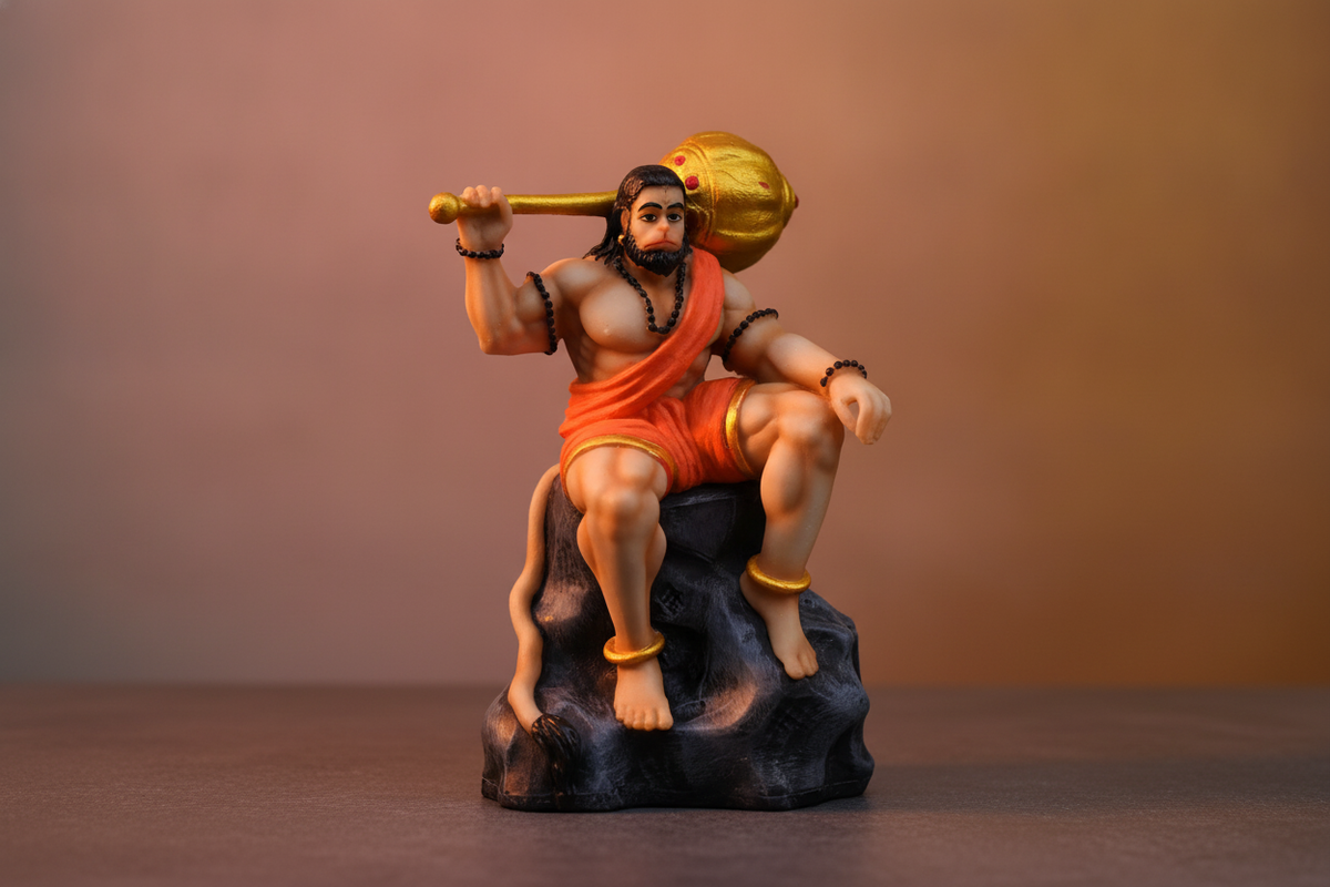 Close-up of a detailed Bahubali Hanuman idol with an antique finish, set against a soft peach and deep ochre background with 
