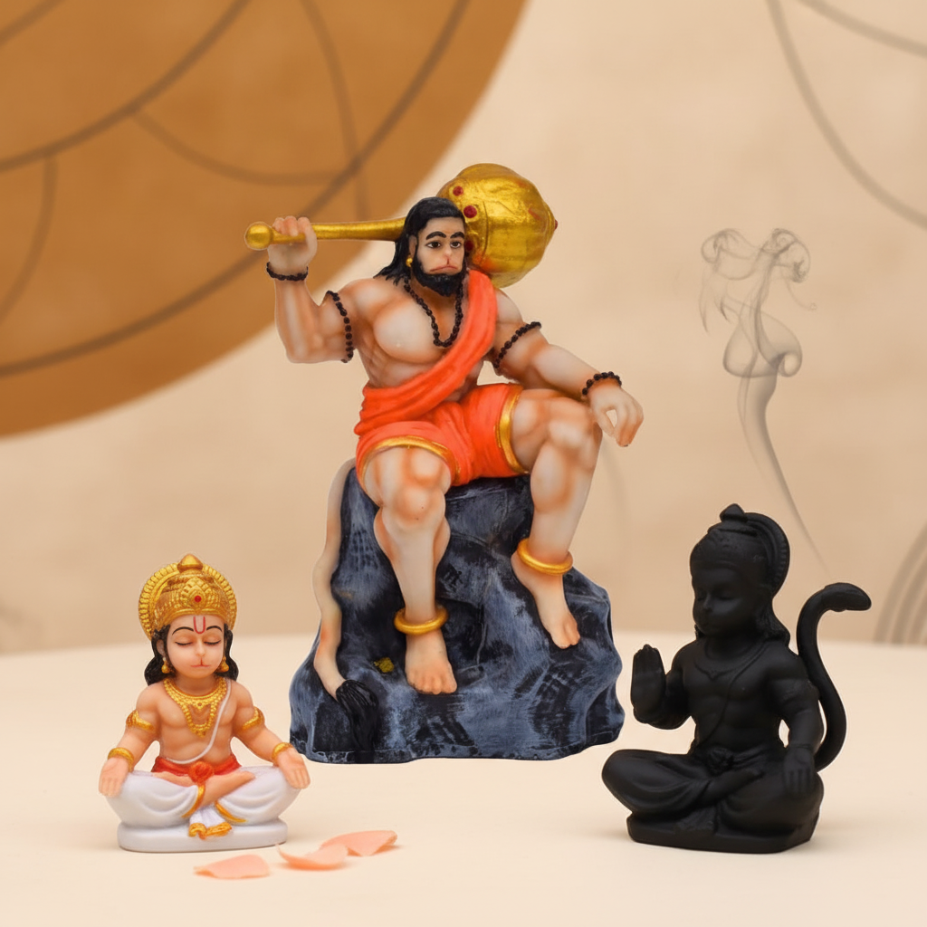 Three Hanuman idols: a large antique gold Bahubali, a small cute Bal Hanuman, and a black matte idol, arranged on a warm ivor